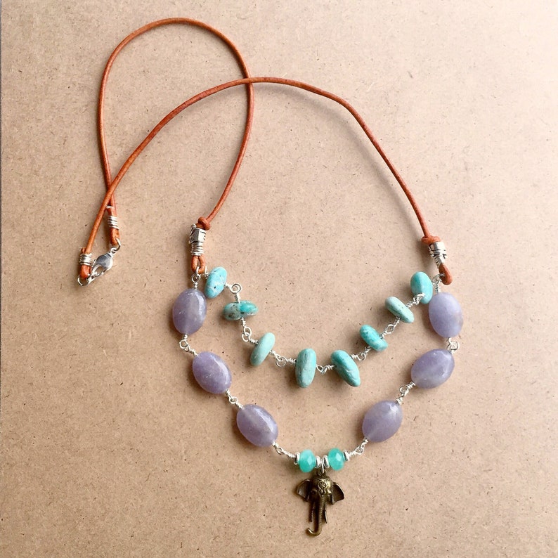 Bohemian Elephant Gemstone Double Strand Necklace Leather Cord Etsy