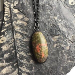 Medium Unakite Metamorphic gemstone cab amulet pendant necklace, artisan made hand soldered vintage finish