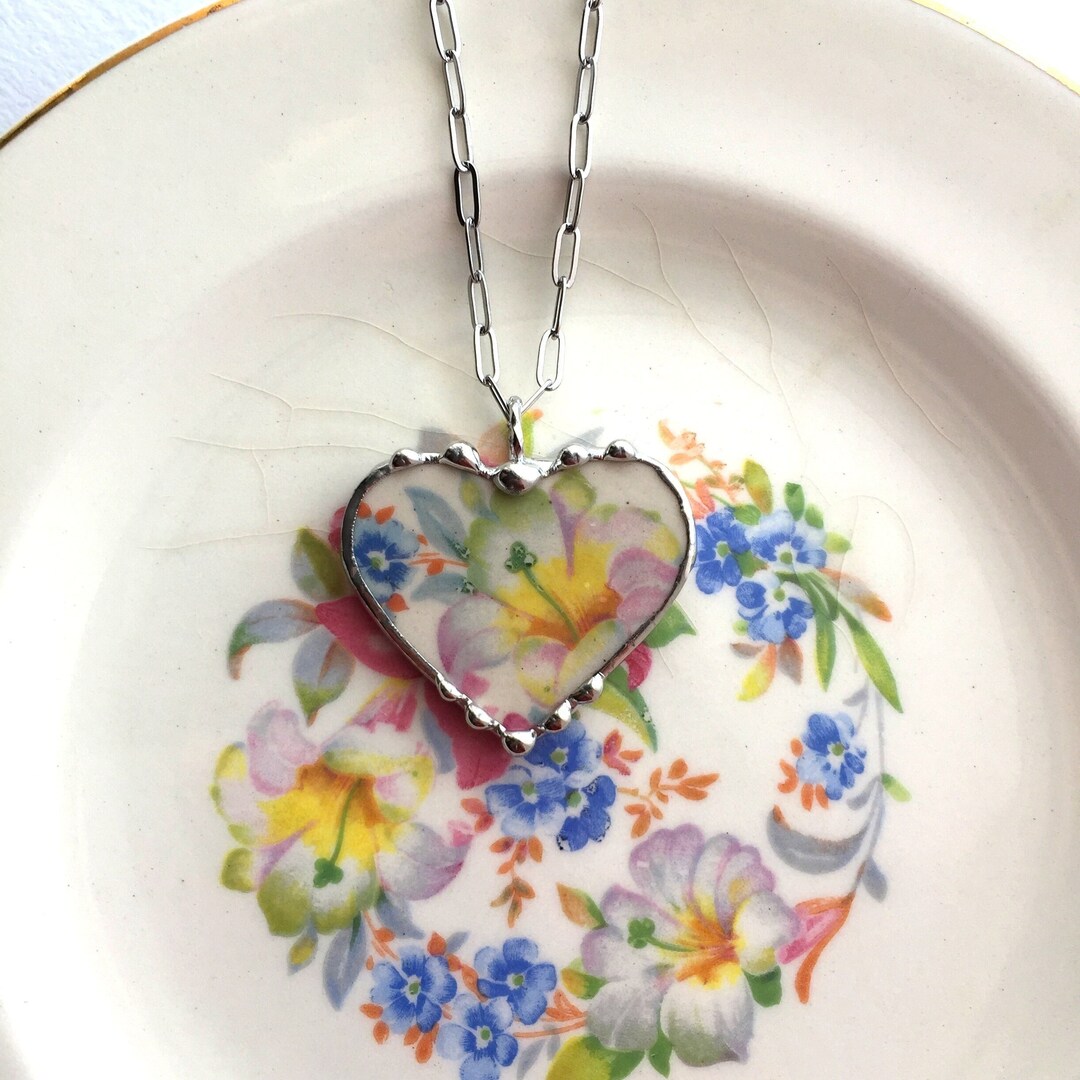 White Lily Daylily Broken China Jewelry China Heart Pendant Etsy