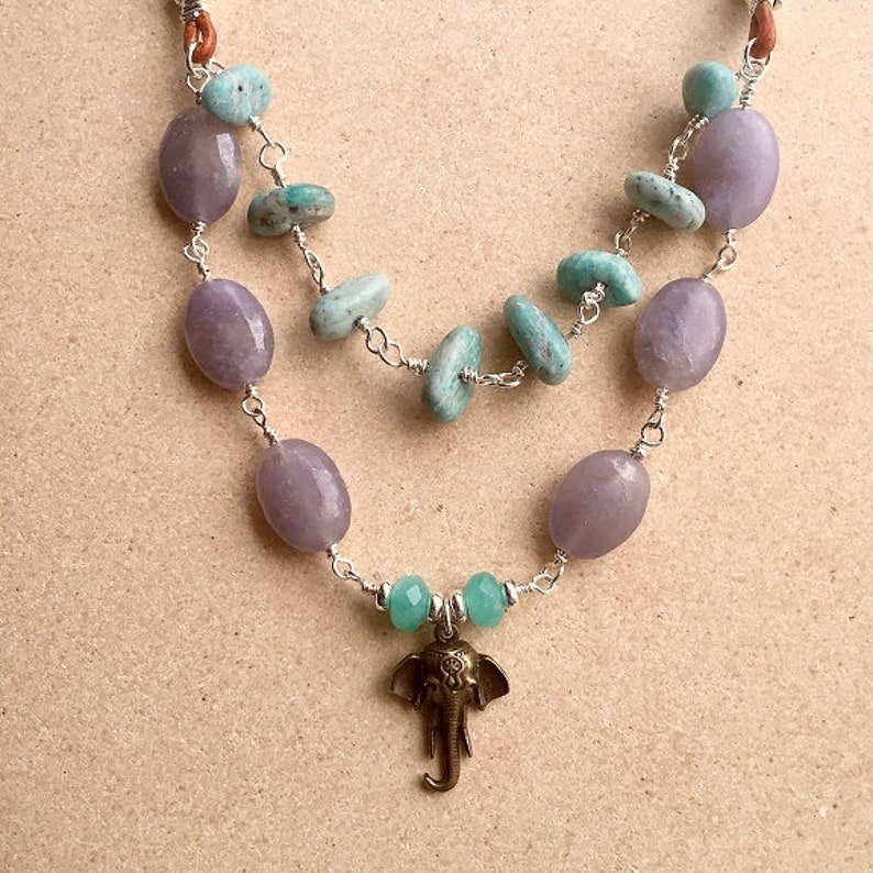 Bohemian Elephant Gemstone Double Strand Necklace Leather Cord Etsy