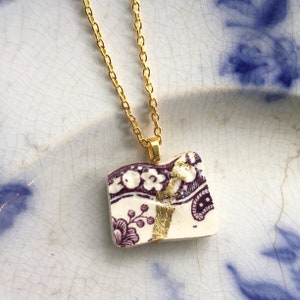 Kintsugi Jewelry, gold mended, broken china jewelry, china pendant necklace with chain, purple English transferware, Dishfunctional Designs