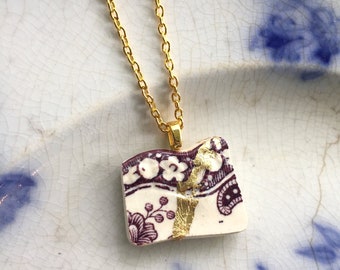 Kintsugi Jewelry, gold mended, broken china jewelry, china pendant necklace with chain, purple English transferware, Dishfunctional Designs