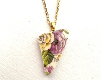 BROKEN CHINA JEWELRY - china shard pendant necklace with chain - antique china shard pendant rose china - Dishfunctional Designs