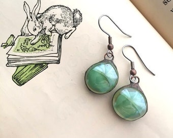 Cat's Eye Green on Clear Vintage Prague Glass Gem Nugget Earrings, surgical steel posts, antique finish, upcycled, Dishfunctional Designs