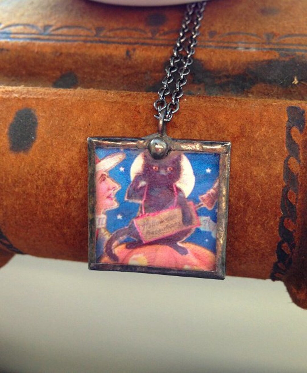 Vintage Halloween Postcard Pendant Necklace Saluting Black Cat and ...