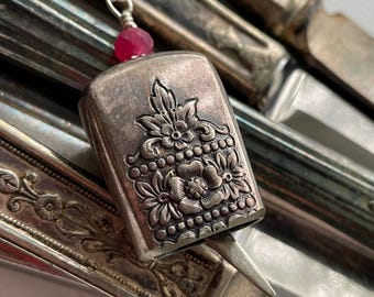 Dishfunctional Designs - Antique butter knife bell pendant necklace, ruby jade bead, bell 15 beautiful floral, upcycled silverware jewelry