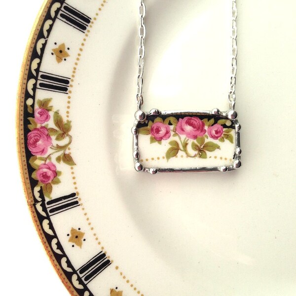 Art Nouveau roses broken china jewelry necklace pink rose trio made from a broken china plate