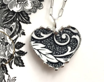 Black and white English transferware, Original Broken China Jewelry, china heart pendant necklace, Dishfunctional Designs, Laura Beth Love
