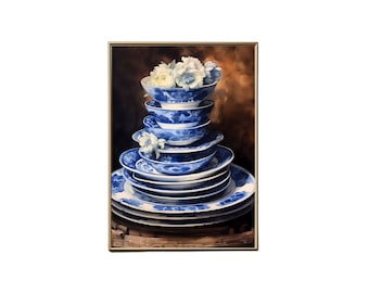 Blue Dishes No.2 Printable Art / Farmhouse Decor / Cottage Decor / Wall Art PRINTABLE / Blue & White China Plates, Flowers Art Printable