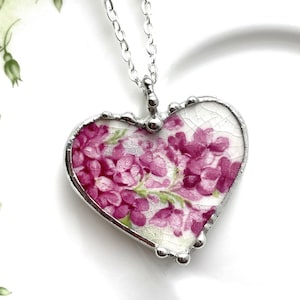 Antique Pink Lilac Lilacs China Heart Pendant, 1890 Broken China Jewelry Pendant Necklace, Dishfunctional Designs