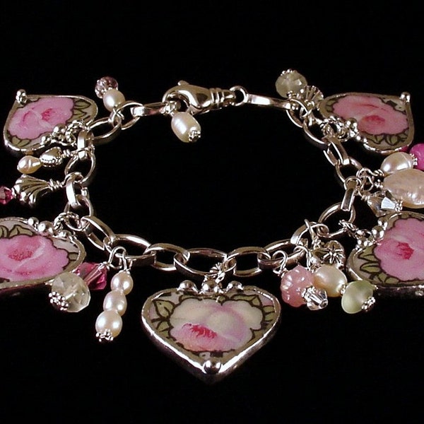 Pink Rose Broken China Jewelry Heart Charm Bracelet with Pearls and Gemstones