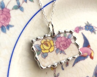 Yellow & Pink Roses, broken china jewelry, bar shaped rectangle pendant necklace, made from recycled upcycled china, Dishfunctional Designs