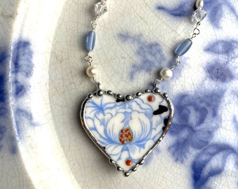 Antique Broken China Jewelry Necklace. Blue Peony Porcelain, Pearls Gemstones Romance Wedding Moonstone Crystals, Dishfunctional Designs