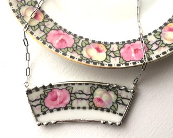 Ecofriendly broken china jewelry, statement necklace, antique pink and champagne rose china, made from broken plate, Dishfunctional Designs