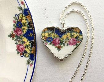 Antique  Pink Roses on Cobalt Blue China Heart Pendant. Broken China Jewelry. Pendant Necklace. Ecofriendly jewelry, Dishfunctional Designs