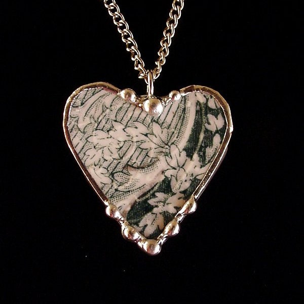 Broken China Jewelry Heart Pendant necklace ivy antique teal English transferware