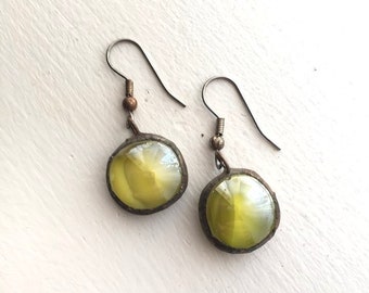 Cat's Eye Yellow on Clear Vintage Prague Glass Gem Nugget Earrings, surgical steel posts, antique finish, upcycled, Dishfunctional Designs