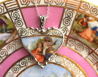 Baroque Courting Couple, Victorian china, Broken China Jewelry, heart pendant necklace, antique porcelain jewelry, Dishfunctional Designs