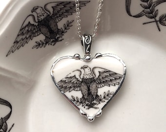 Historical American eagle, broken china jewelry, china heart pendant necklace, vintage patriotic china, Dishfunctional Designs