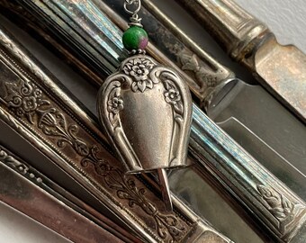 Dishfunctional Designs - Antique butter knife bell pendant necklace, ruby ziosite, bell 11, beautiful floral, upcycled silverware jewelry