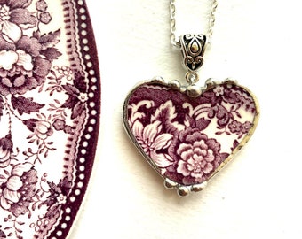 Antique Purple English Transferware, Broken China Jewelry, heart pendant necklace, lovely antique china jewelry, Dishfunctional Designs