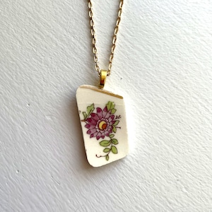 BROKEN CHINA JEWELRY - china shard pendant necklace with chain - antique china shard pendant purple floral china - Dishfunctional Designs