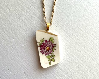 BROKEN CHINA JEWELRY - china shard pendant necklace with chain - antique china shard pendant purple floral china - Dishfunctional Designs
