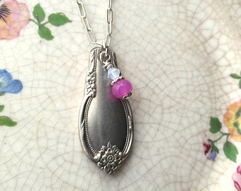 Antique spoon handle pendant necklace pink jade and crystal beads, upcycled, repurposed, silverwear jewelry, Dishfunctional Designs