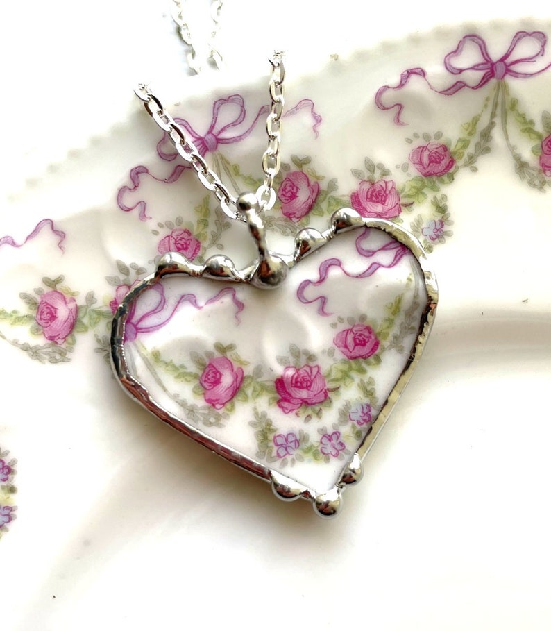 Broken china jewelry heart pendant, delicate pink roses, antique French porcelain 100 yr old, Dishfunctional Designs by Laura Beth Love image 7