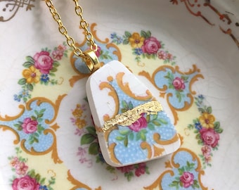 Kintsugi Jewelry, gold mended, broken china jewelry, china pendant necklace with chain, Parisian Liberty Gold, Dishfunctional Designs