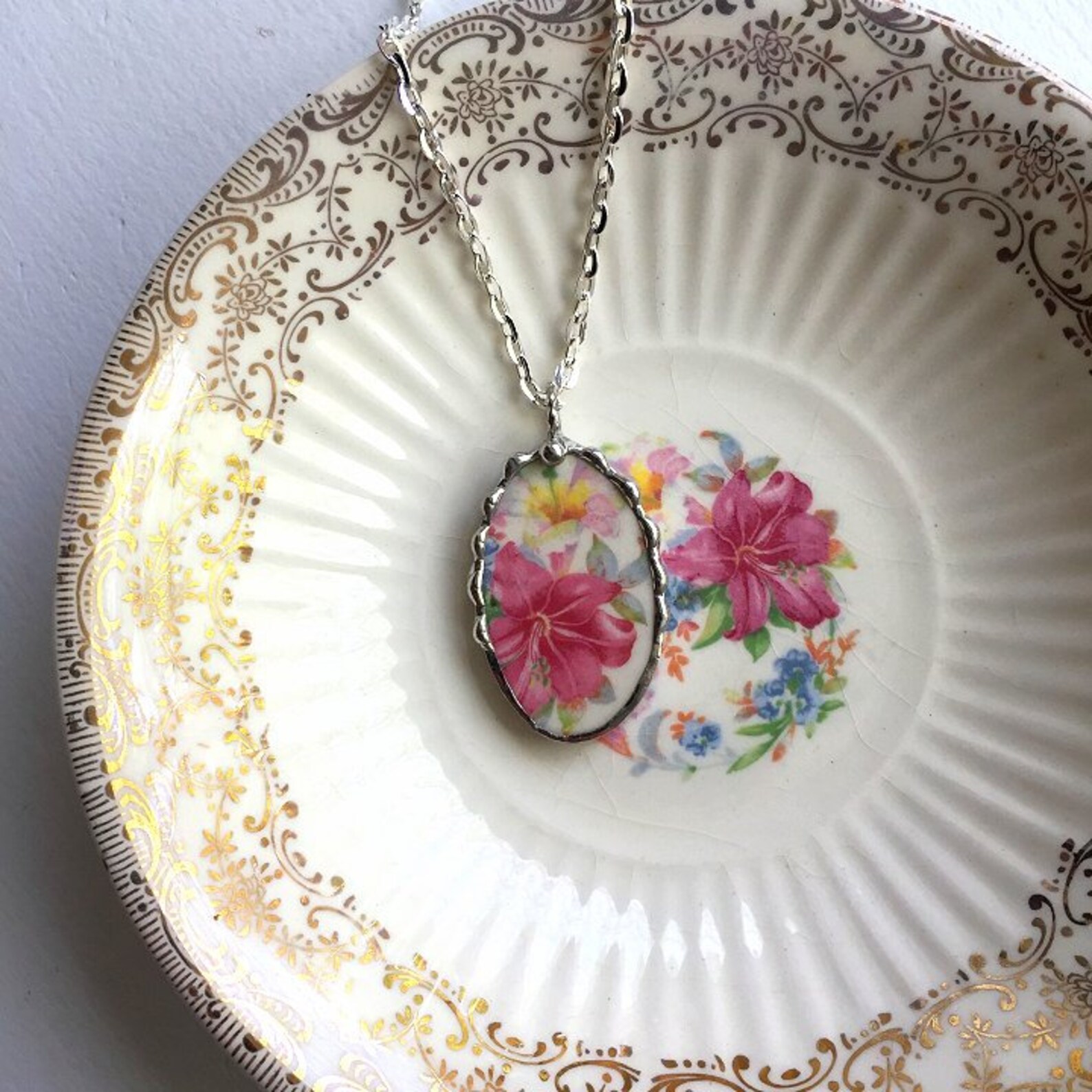 Broken china jewelry necklace pendant oval pink white Etsy