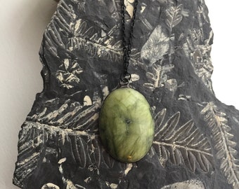 Large Green Nephrite jade gemstone cab amulet pendant necklace, artisan made hand soldered vintage finish