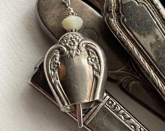 Dishfunctional Designs - Antique butter knife bell pendant necklace, mother of pearl, bell 16, beautiful floral, upcycled silverware jewelry