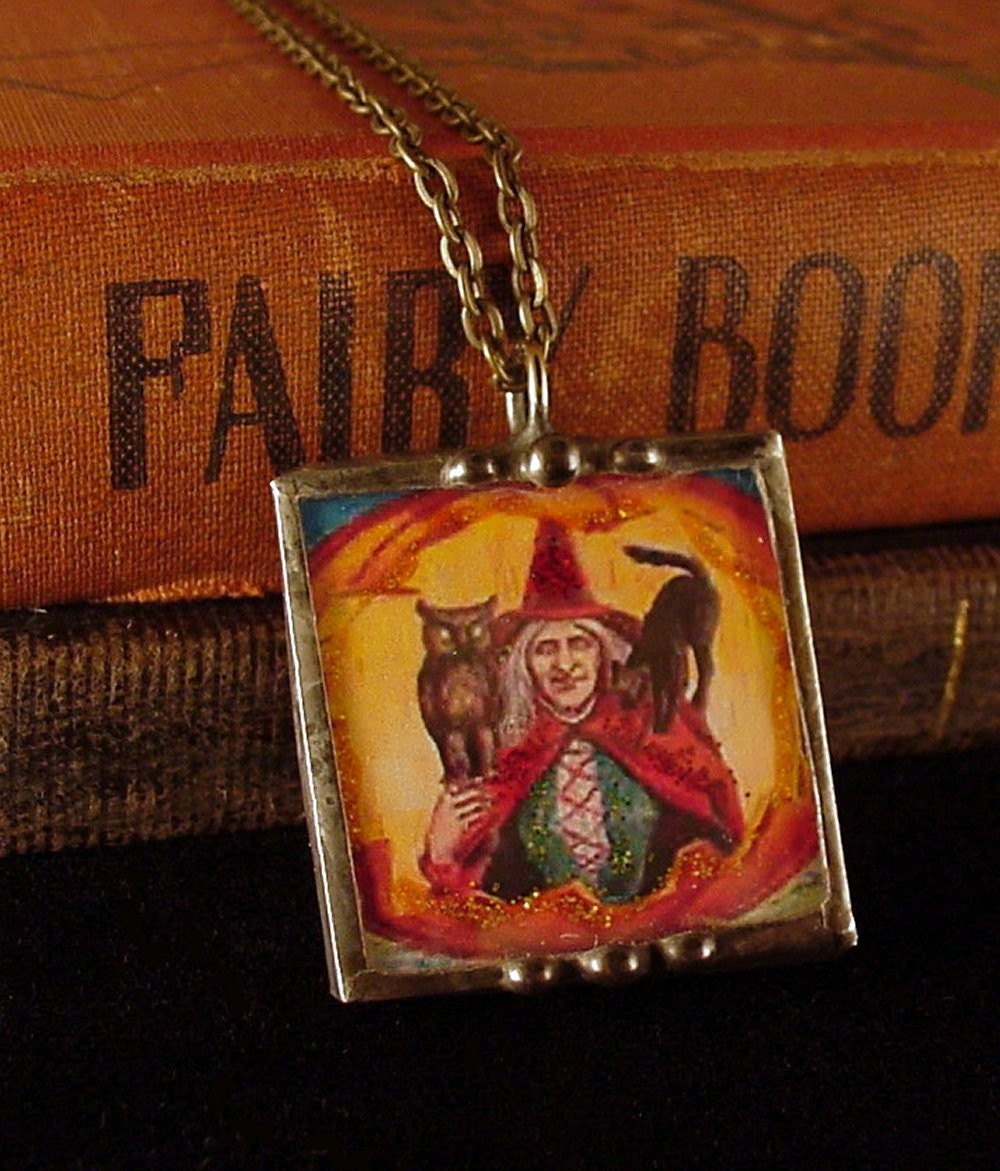 Vintage Halloween Postcard Pendant Necklace witch with owl and black cat, woman and mirror