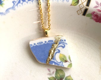 Kintsugi Jewelry, gold mended, broken china jewelry, china pendant necklace with chain, blue green antique china, Dishfunctional Designs