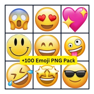 May include: A grid of nine distinct yellow circular emojis featuring various facial expressions, including a shocked face, heart eyes, a pink heart with sparkles, a classic smile, a wide grin, a silly face, laughing, star eyes, and sunglasses.