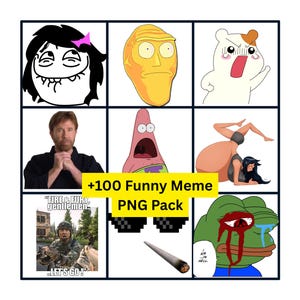 Puede incluir: Una colección digital de 100 archivos PNG de memes divertidos con varios personajes de dibujos animados, iconos de Internet y figuras de la cultura pop. La cuadrícula muestra diversas ilustraciones, incluyendo un soldado, una rana llorando y el texto +100 Funny Meme PNG Pack.