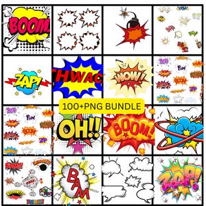May include: A digital collection of comic book style sound effect graphics and speech bubbles featuring vibrant colors, bold typography, and explosive shapes. The bundle includes various designs with text like BOOM, ZAP, THWAC, WOW, and OH, organized in a grid.