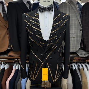 Handmade Black and Gold Gemstone Three-Piece Bespoke Tuxedo Suit for Prom and Wedding and Dinner, Groom Suit -  King Suits KS52
