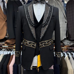 Handmade Black, Gold and Silver Gemstone Three-Piece Bespoke Tuxedo for Prom, Wedding and Dinner, Embroidery Groom Suit -  King Suits KS51