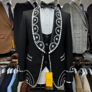 Handmade Three-Piece Black Bespoke Tuxedo Suit for Prom and Wedding with Gemstones Embroidery, Groom Jacquard Suit - King Suits KS50