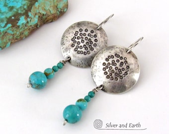 Sterling Silver and Turquoise Earrings with Hammered and Stamped Texture, Boho Sundance / Southwest Style Artisan Handmade Jewelry