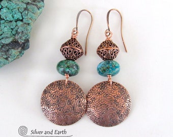 Round Copper Dangle Earrings with Chrysocolla Gemstones & Filigree Beads, Artisan Handmade Metalwork Jewelry, Modern Boho Chic Style