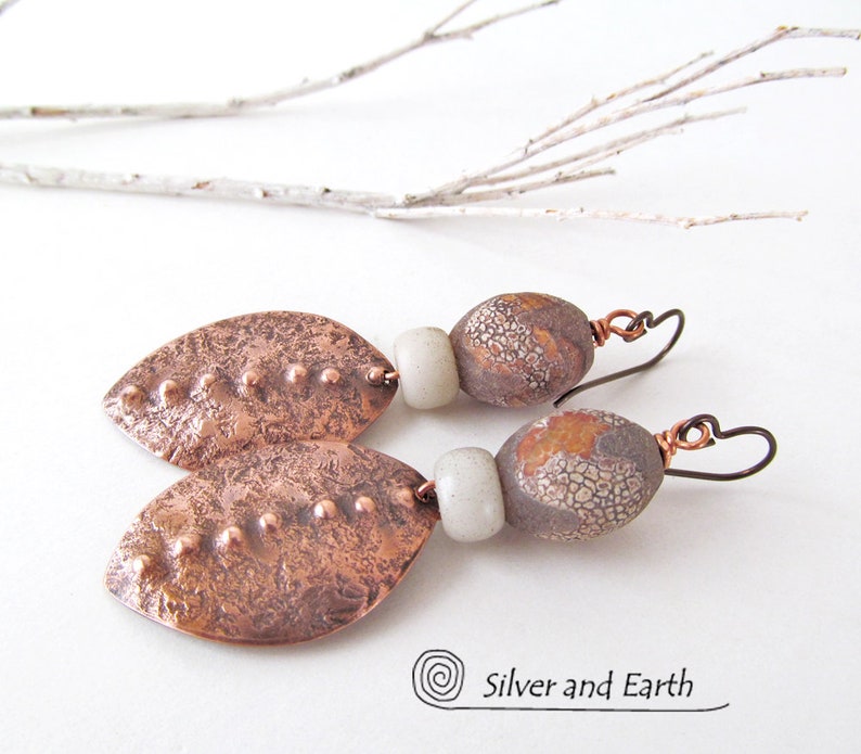 Rustic Ethnic African Jewelry Tribal Copper Earrings with African Agate Stones Handforged Copper Jewelry Afrocentric Fashion Boho Style
