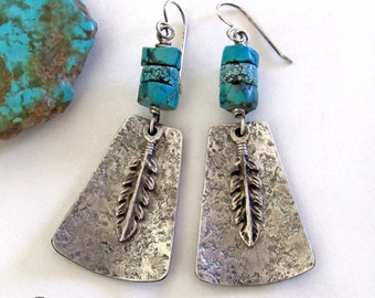 Sterling Silver and Turquoise Earrings with Feathers, Handcrafted Metalsmith Jewelry, Organic Rustic Earthy Modern Southwest Style Earrings