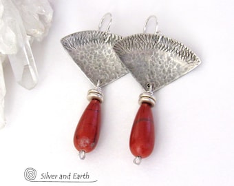 Textured Sterling Silver and Red Jasper Earrings, Artisan Handmade Bold Unique Silvermith Jewelry, Modern Red Gemstone Dangle Earrings