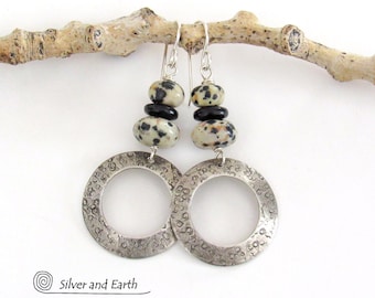 Sterling Silver Circle Hoop Earrings with Dalmatian Jasper & Black Onyx Stones, Handmade Modern Boho Earthy Jewelry, Animal Print Earrings