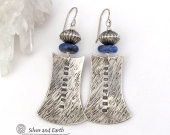 Sterling Silver Tribal Earrings with Blue Sodalite Gemstones, Handcrafted Artisan Silversmith Earrings, Bold Modern Southwest Style Jewelry