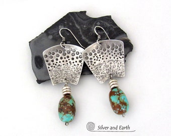 Stamped Sterling Silver Earrings with Natural Turquoise Stones, Artisan Handmade Bold Unique Modern Tribal Southwest Silversmith Jewelry