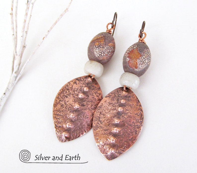 Rustic Ethnic African Jewelry Tribal Copper Earrings with African Agate Stones Handforged Copper Jewelry Afrocentric Fashion Boho Style